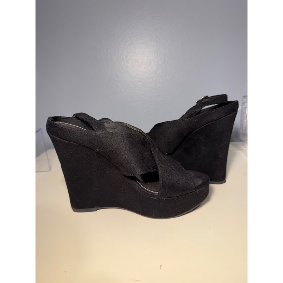 Christian Siriano Black Suede Strappy Platform Wedge Sandals Women's Size 7.5 - Picture 4 of 8